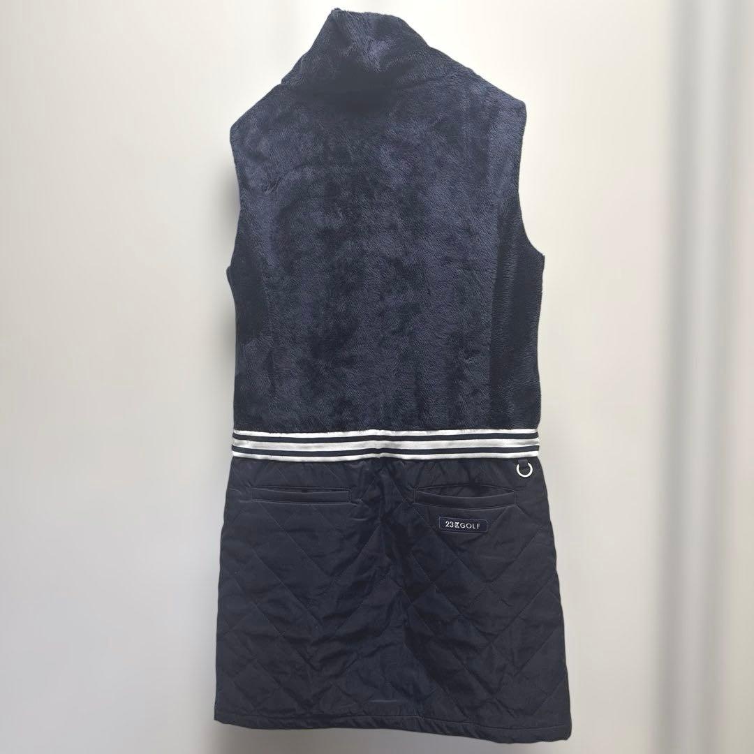 23区ゴルフウェアーネイビー ボア素材 ノースリーブワンピース M-L