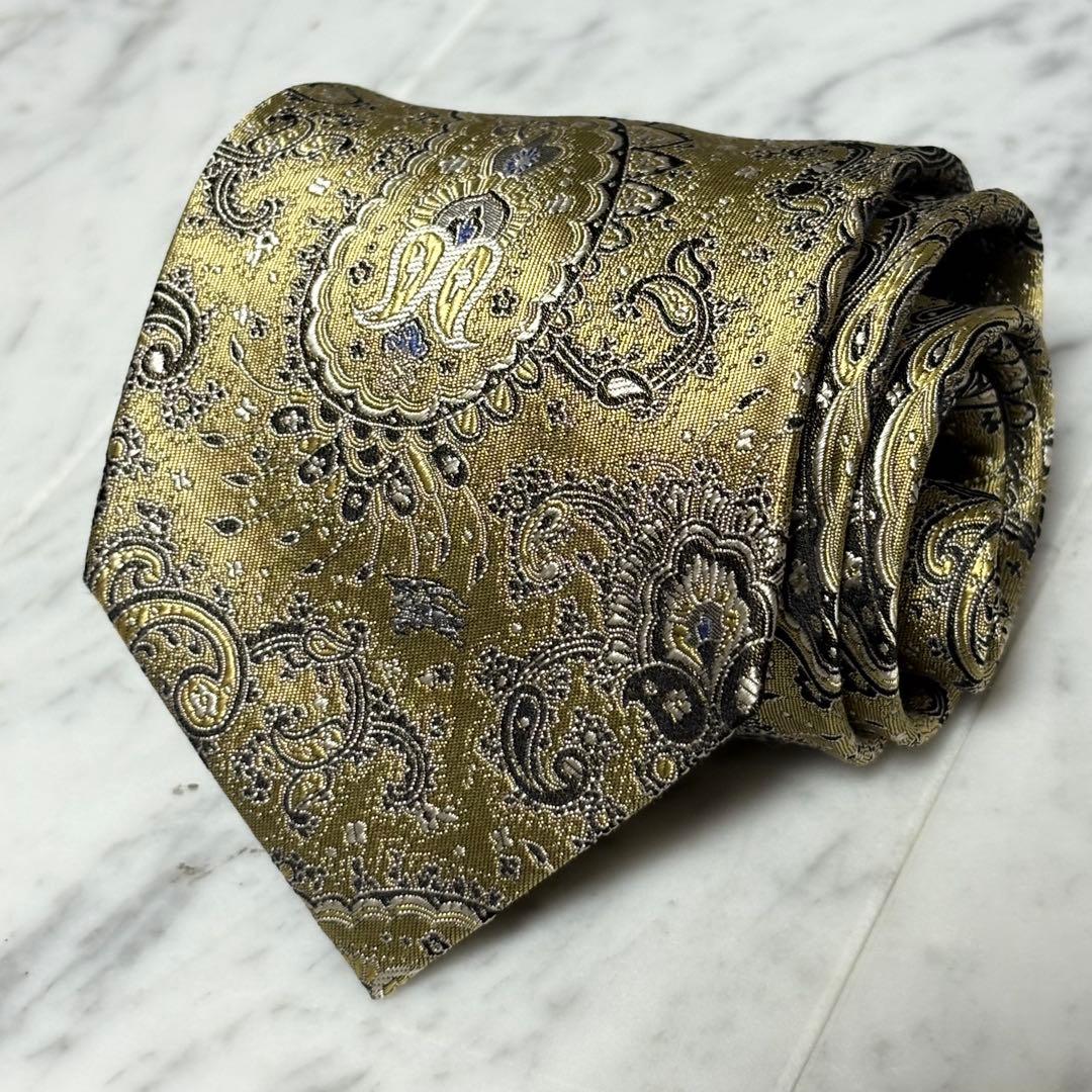 BURBERRY ネクタイ ゴールド ペイズリー柄 光沢 ロゴ柄