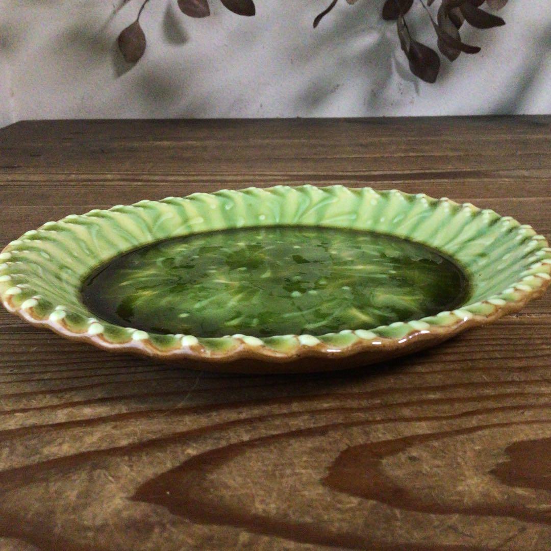 No4975 布志名焼　船木伸児　緑釉丸皿　共箱/栞付　島根県　民藝　送料無料