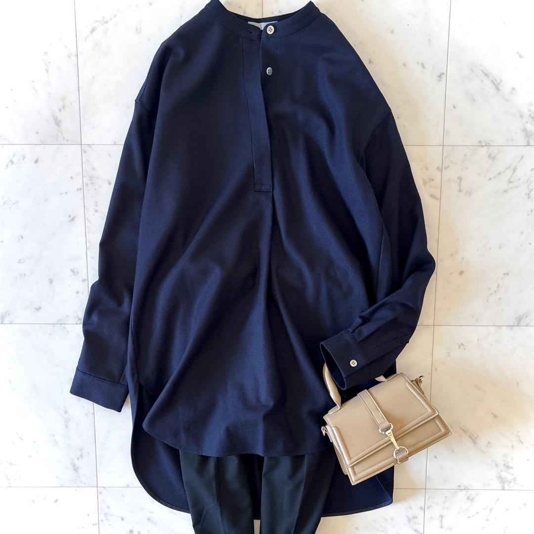 美品 セオリーリュクス ウールサキソニー ネイビー 38 チュニック丈 シャツ