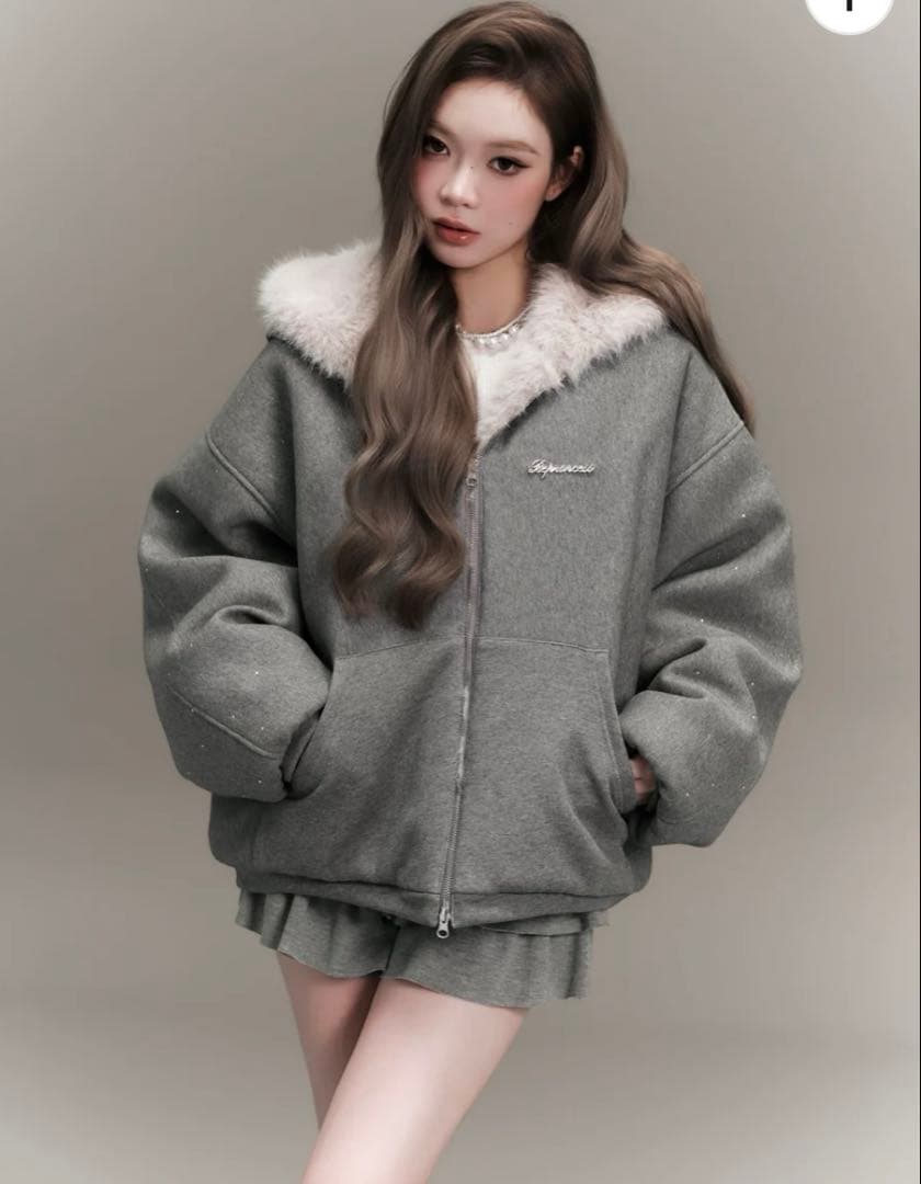 トップス andwang kirakira 2way fur zip up GRAY