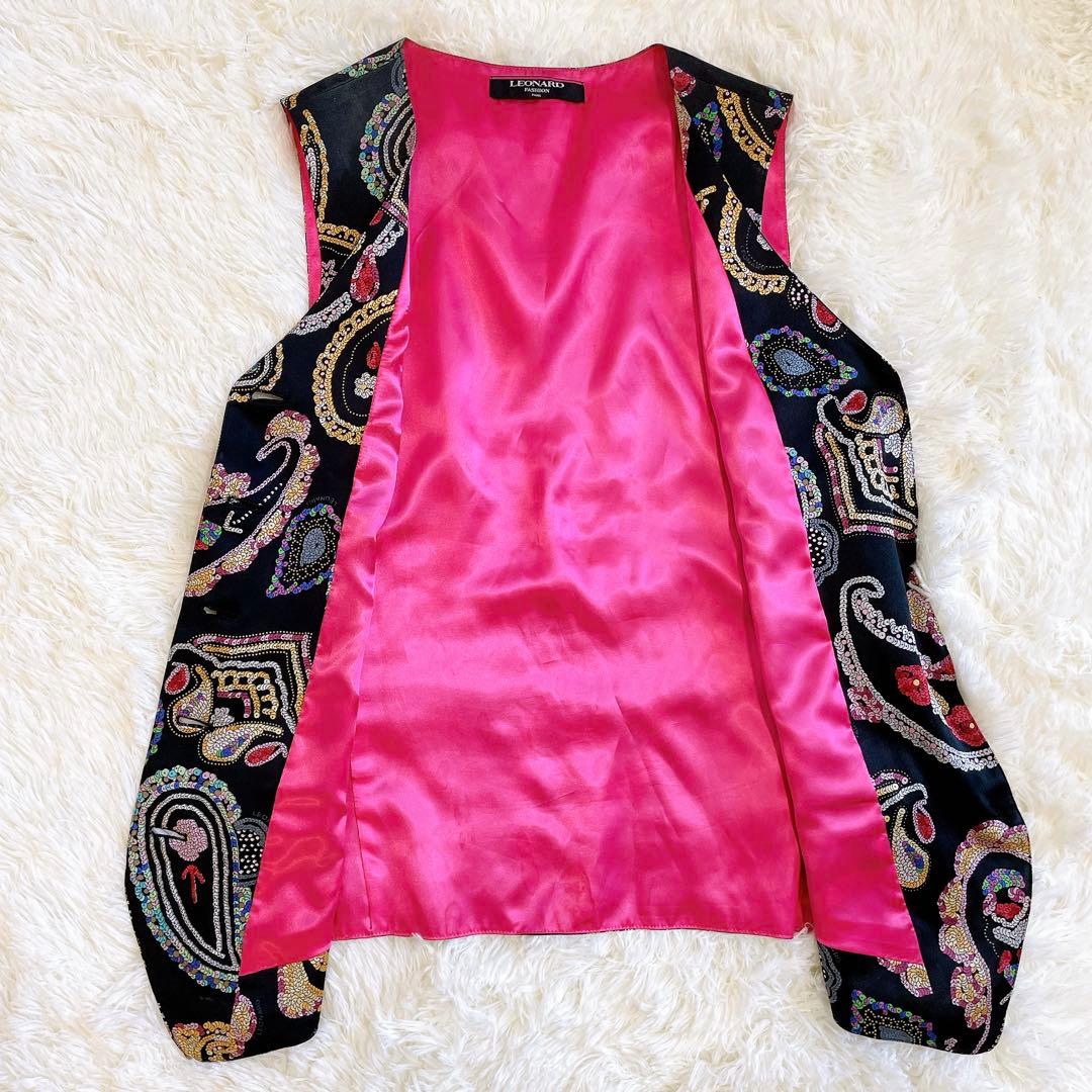 LEONARD ベスト ジレ 総柄 ペイズリー柄 金ボタン 花柄 フラワー