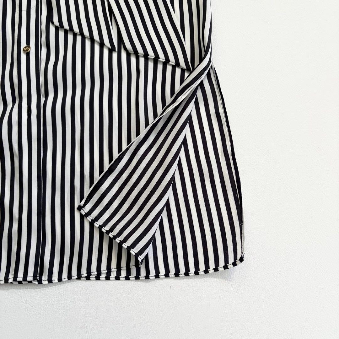 ローレンラルフローレン　ノーカラーシャツワンピース　金ボタン　とろみ　ストライプ