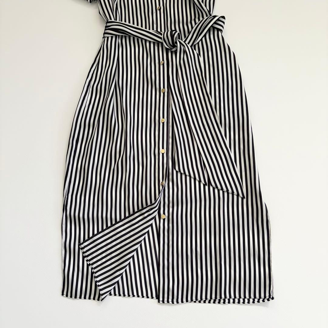 ローレンラルフローレン　ノーカラーシャツワンピース　金ボタン　とろみ　ストライプ