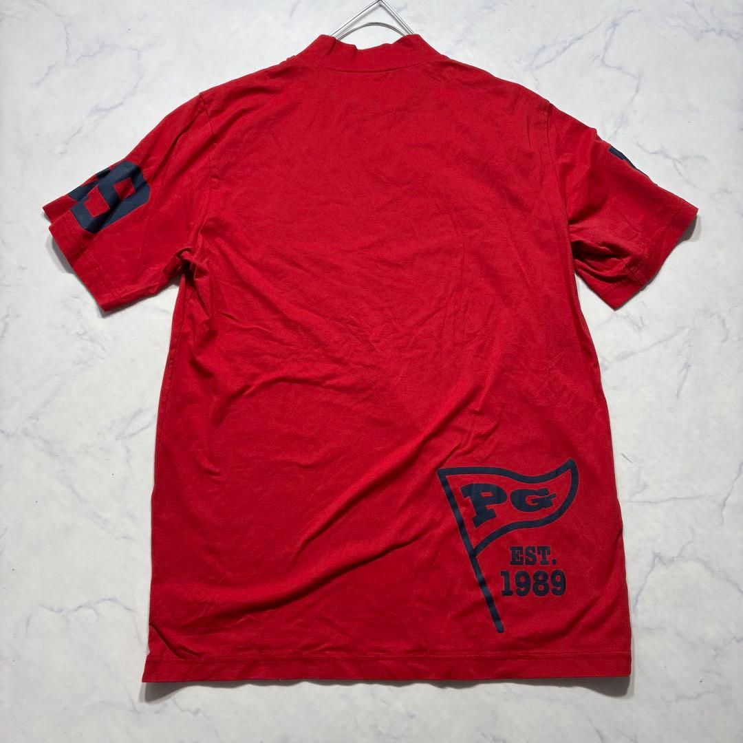 美品 (6)✨パーリーゲイツ モックネック 半袖シャツ デカロゴ ワッペン 赤