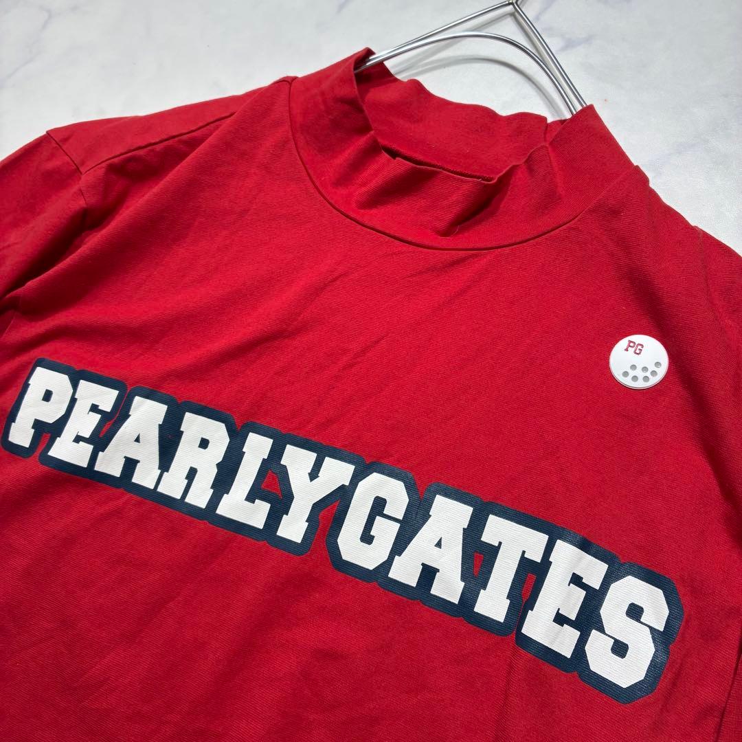 美品 (6)✨パーリーゲイツ モックネック 半袖シャツ デカロゴ ワッペン 赤