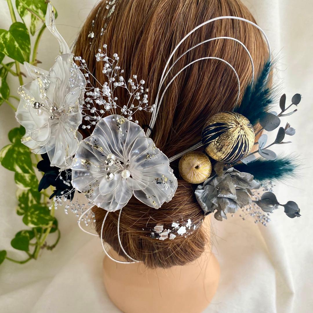 髪飾り　胡蝶蘭　アメリカンフラワー　ディップフラワー　ブラック　黒　成人式　結婚