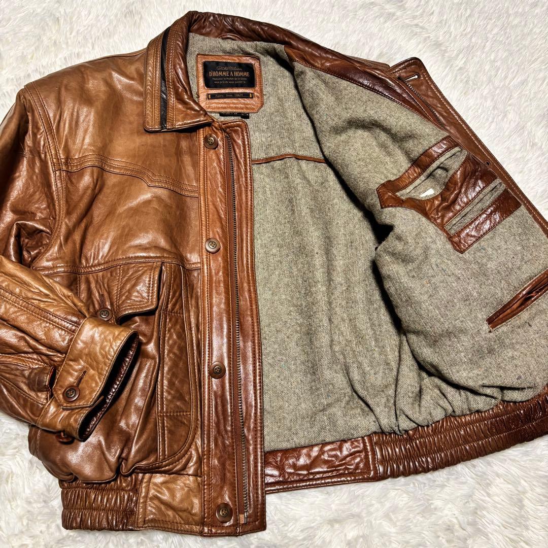 【スペイン製生地×羊革】本革 ラムレザーシングルライダースジャケット ブラウンM