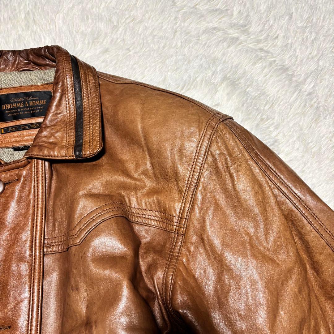 【スペイン製生地×羊革】本革 ラムレザーシングルライダースジャケット ブラウンM