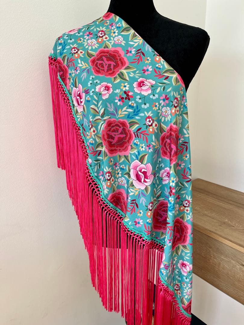フラメンコ　マントンシージョ ブルーグリーンxマントン風花柄　フクシアフレコ