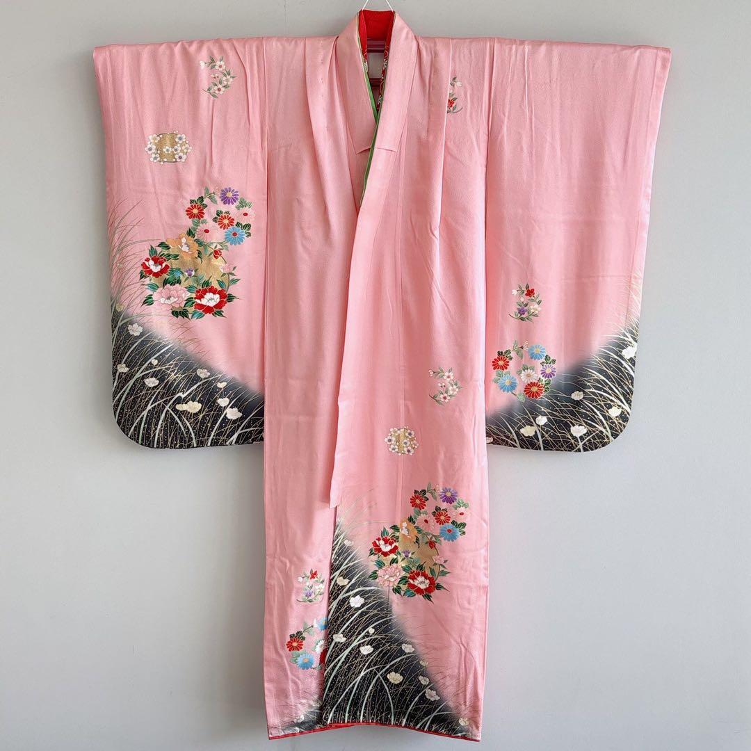 美品　フルセット　七五三７歳女児　ピンク地　袋帯緑　長襦袢付小物セット7290