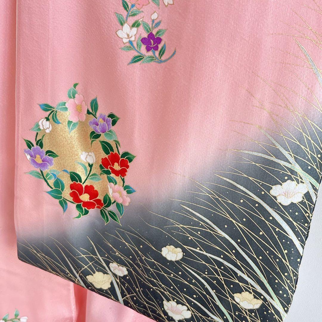 美品　フルセット　七五三７歳女児　ピンク地　袋帯緑　長襦袢付小物セット7290