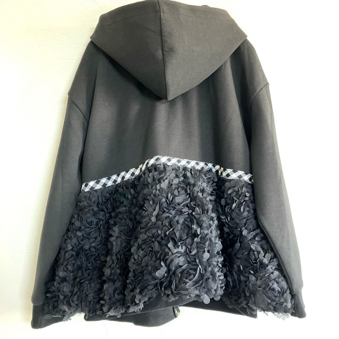 美品　make-ai フラワーチュールパーカー　チェック　ペプラム　フリル