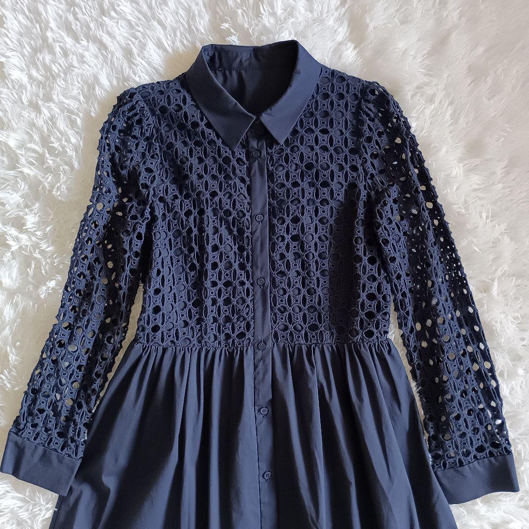 Liala×PG コットン レース 襟付き 長袖 ワンピース ネイビー M