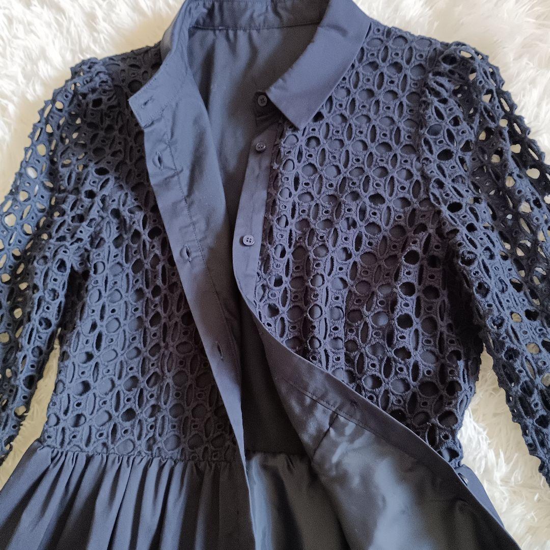 Liala×PG コットン レース 襟付き 長袖 ワンピース ネイビー M