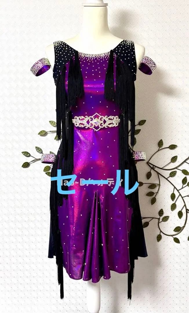 新品★ラテンドレス★M〜ML★社交ダンス★メタリックパープル★フリンジ★競技会★
