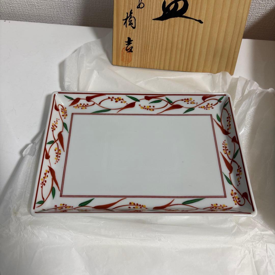 【未使用】たち吉　橘吉　赤絵　長角皿揃　5枚セット　長皿　焼物皿　花紋　木箱